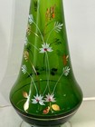 Vintage Bohemian Hand Painted Green Glass Pedestal Bottle W stopper App 13   