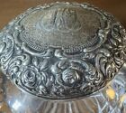 Antique Sterling Silver   Cut Crystal Powder Jar Floral Repouss   Lid Monogrammed