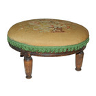 Antique Round Wooden Stool With Embroidered Floral Upholstery 