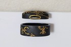 Edo Period Fuchi Kashira Bamboo Leaves Design Shakudo Nanako Gold Iroe Antique