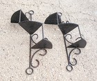 Pair Vintage Mid Century Twisted Spiral Wrought Iron 3 Tier Metal Wall Shelves