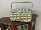 Vintage new    60s Green Satin Lined Sewing Basket With Tray 11 By 8 Made In Japan