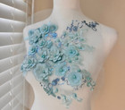 Blue Applique  12x3 Inch  With 3d Flowers  Beaded With Pearls Embroidered Lace