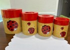 Htf Vintage Ladybug Metal Tin Litho Kitchen Canister Set Of 4