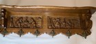 Mid-century Flemish Carved Oak Wall Rack With Peasant Scenes 6 Brass Hooks 1950s