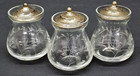 Lovely Trio Of Webster Sterling Lidded Blown   Etched Decorated Condiment Jars