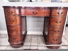 Vtg Mahogany Kidney-shape Desk W multiple Drawers   Brass Pulls 1940-50   s Wheels