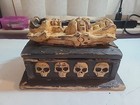 Vintage Hand Carved Wood Skeleton Skulls Halloween Coffin Trinket Box Folk Art  