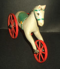 Vintage Wooden Primitive Look Horse On 3 Metal Wheels -toy-nice Condition