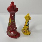 2 Vintage Long Necked Cat Figurines Hand Painted In Portugal Red Yellow Folk Art