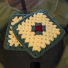 2 Handmade Crochet Pot Holders 8 5  Square Cream W Green Trim Red Flower Vtg