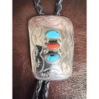 Vintage Sterling Silver Turquoise   Red Coral Bolo Tie Black Leather Silver Tips