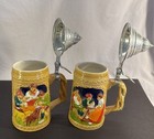German Pewter Lidded Beer Stein Style Mug Pair Brown In Very Good Condition 