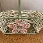 Vintage Wicker And Wire Rectangle Basket With Handle Pink Flower Bamboo