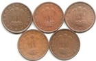 India Set Of 1 Pice Horse Coins  1 Each For The Years 1950-1954  Bronze Coins