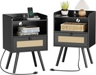 Nightstands With Charging Station  Bedside Table Set Of 2 With Pe Rattan Draw   