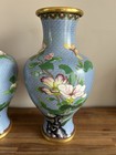 Pair Of Vintage Large Chinese Cloisonn   Vases Blue Floral Butterfly 15 25    Tall