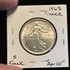 1963 France 5 Francs Silver World Coin    apr10    French 5 Franc Silver