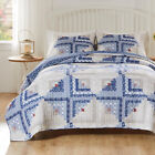 Farmhouse Log Cabin Blue 3pc Full   Queen Quilt Set   Cozy Cottage Flowers Plaid