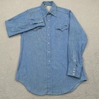 Vintage Western Pearl Snap Shirt Large Men 16 Tall Denim Chambray Sears 70s Long