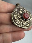 Antique 19thc Tibetan Gau Prayer Box Pendant     Animal Motif     Red Coral     16g