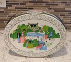 Vintage Victorian Sewing Tin Box Park Scene Double Handles Oval