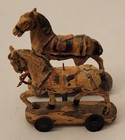 Antique Mini Hand Painted Wood Horses Pull Toy On Wheeled Platforms Approx 3 x3 