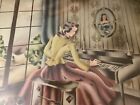 Piano Player Lady Painting Vintage Antique Deco Framed Music Wall Art