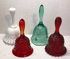 Lot 4 Fenton Glass Bells Red Hobnail  Daisy Button Spanish Lace Signed Painted