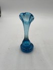 Vintage Mcm Aqua Blue Hand Blown Swung Glass Bud Vase Ruffled Rim