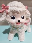 Vintage Baby Lamb Ceramic Planter White Glaze Pink Bow Pastel Flowers