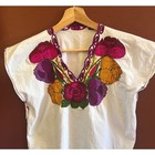 Vintage Mexican Huipil Blouse Boho Folk Art Floral Embroidery White Retro Ethnic