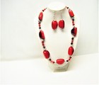 Chunky Red Gem W sparkle Glass silver Bead Necklace earrings Set 