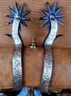 Beautiful Engraved Silver Overlay Blued Horse Spurs