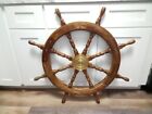 Vintage Authentic 36  Boat Ship Wooden Steering Wheel Brass Center Nautical wall