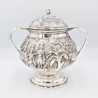 Fine Indian Calcutta Solid Silver Lidded Sugar Bowl C1900 Village Scenes