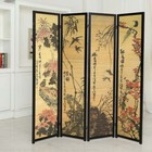 Chinese Calligraphy Design Wood   Bamboo Hinged 4 Panel Screen Room Dividers