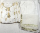 3pc Embroidered Sequin Cotton Chiffon Salwar Kameez   Dupatta - White gold - M