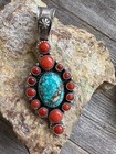 Navajo Sterling Silver Blue Turquoise Coral Cluster Pendant  Southwestern