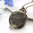 Vintage Retro Bronze Caved Pattern Half Hunter Quartz Pocket Watch Sweater Chain