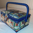 Vintage Sewing Basket Box  Fabric Quilt Design  Blue Woven Handle  Tray Inside