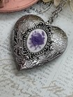 Heart Silver Locket Rose Necklace Photo Cameo Purple White Victorian Wedding