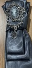 Upcycled Women   s Gray Necktie With Cameo Brooch And Dangle 