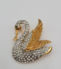 Vtg Swan Brooch Pin Gold Tone Clear Rhinestone Body Green Crystal Eye Sparkly