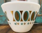 Very Rare Vintage Fire King Bowl Fred Press Light Turquoise   Gold Dots  7 1 2   
