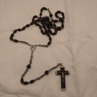 Antique Ebony Rosary Bead Necklace Crucifix Lady Of Fatima Medal Signed France 