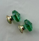 Vintage Brass Victorian Cut Glass Green Knob Handle Spindle For Door Cupboard 2x