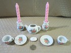 Vintage Miniature Porcelain Tea Set - 2 Candleholders  Teapot   2 Cups saucers