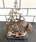 Vintage  Cast Iron Buffalo Bank  Amazing Setting Burnished Steel Trees  8    Long