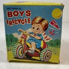 Antique Key Wind Tin Litho Toy boy On Tricycle W balloon Korea Boxed  